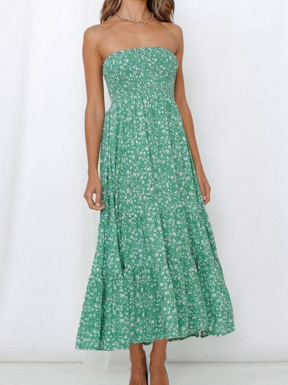 Green Floral Strapless Maxi Dress